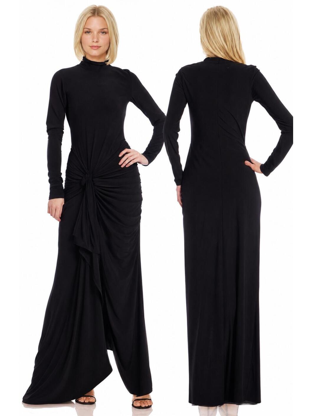 Badgley Mischka Christina Long Sleeve Stretchy Modest Gown Black Jersey Sz 2